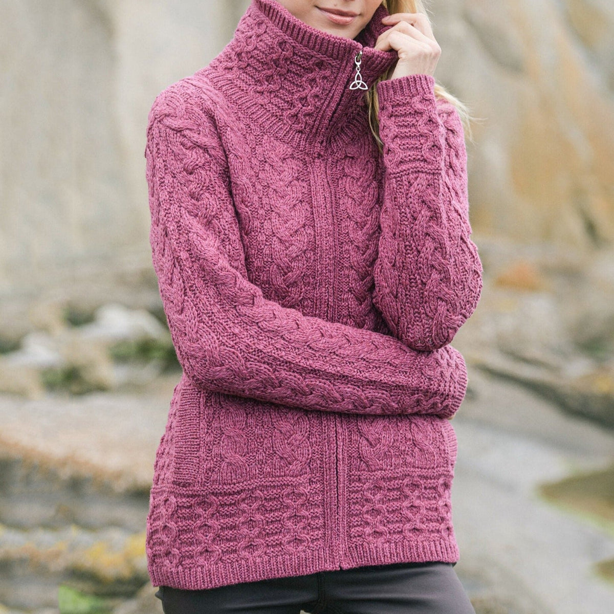 Women's Clan Pattern Zip Turtleneck Aran Sweater Cardigan artswardrobe