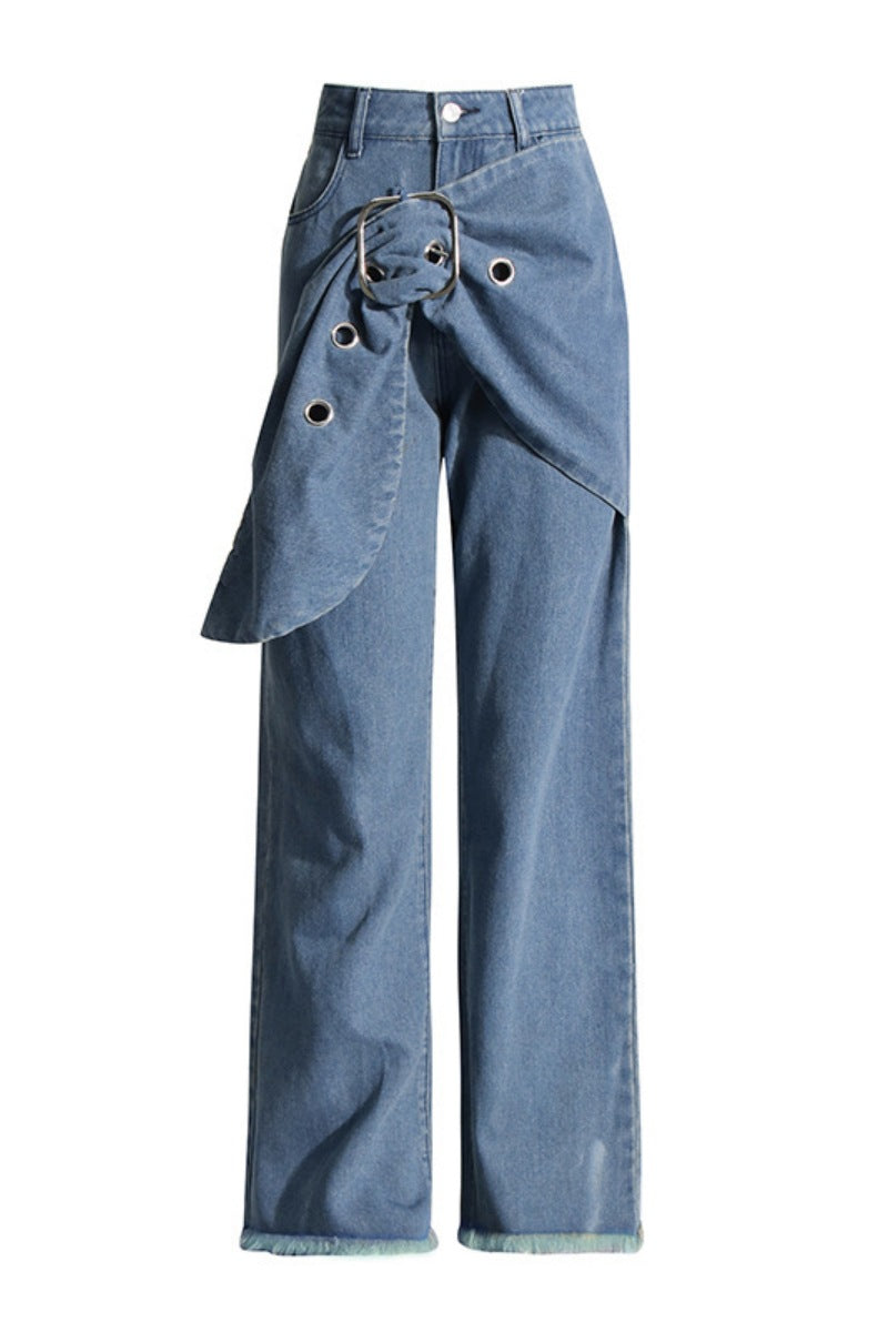 Color Patchwork Mid Waist Straight Denim Jeans