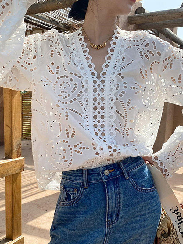 Long Sleeves Loose Hollow See-through Color Split-joint V-neck Blouses&shirts Tops
