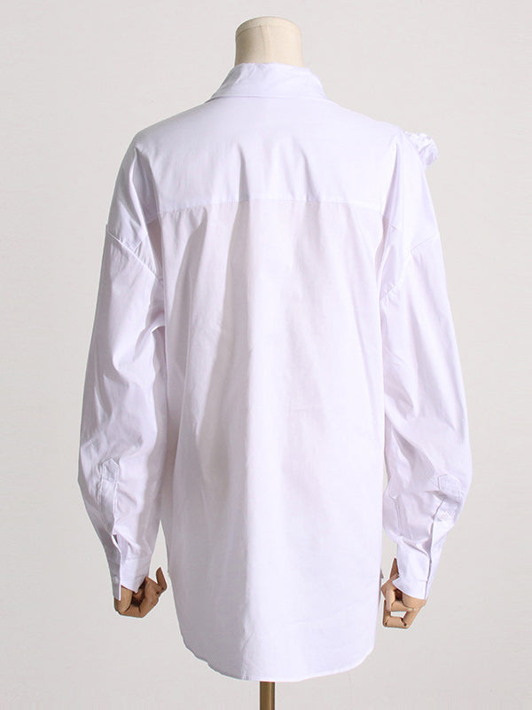 Long Sleeves Loose Asymmetric Buttoned Pleated Color Split-joint Three-dimensional Flower Lapel Blouses&shirts Tops