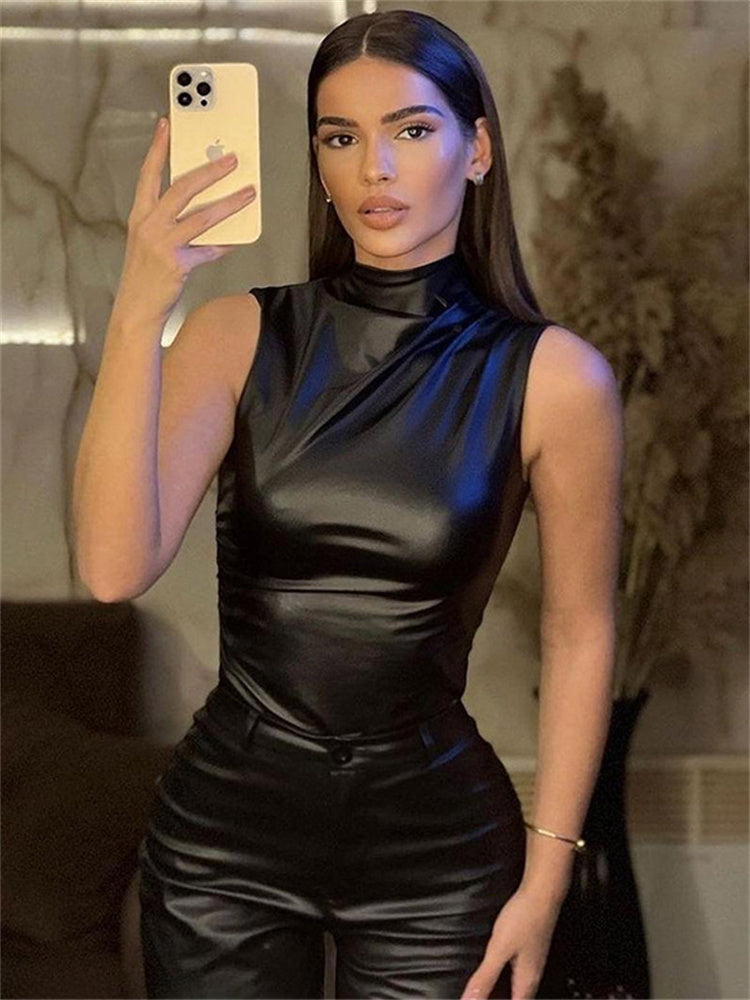 Tossy Pu Leather Tank Top – Sleeveless Slim High Waist Crop Top