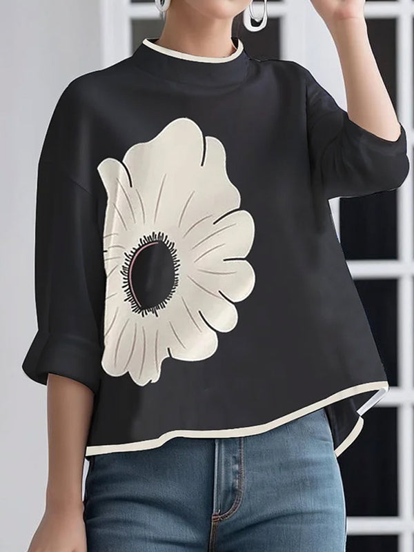 A-line High-low Flower Print Mock Neck T-shirts Tops