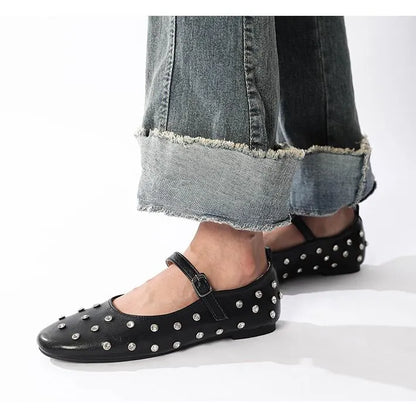 Studded Rhinestones Mary Jane One-line Buckle Ballet Flats