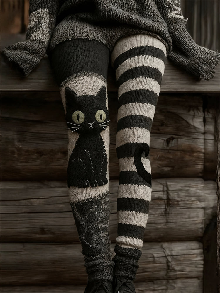 Halloween Witch Black Cat Striped Contrast Cozy Leggings elevenforest