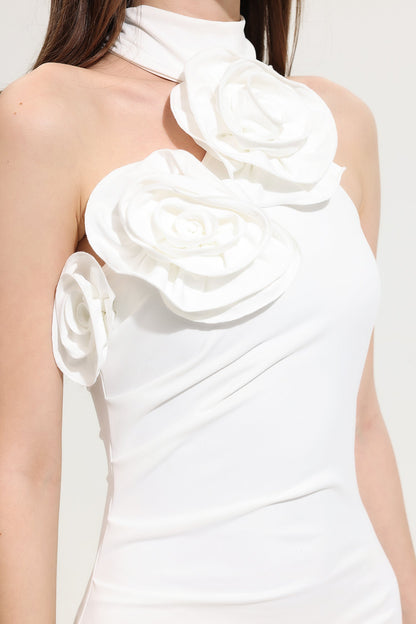 3d Flower Halter Neck Split Maxi Dress