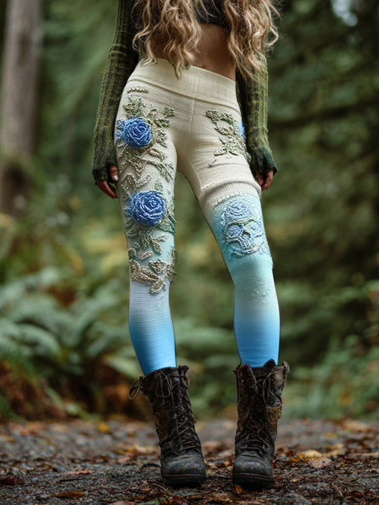 Women's Vintage Skull And Rose Patchwork Comfortable Leggings elevenforest