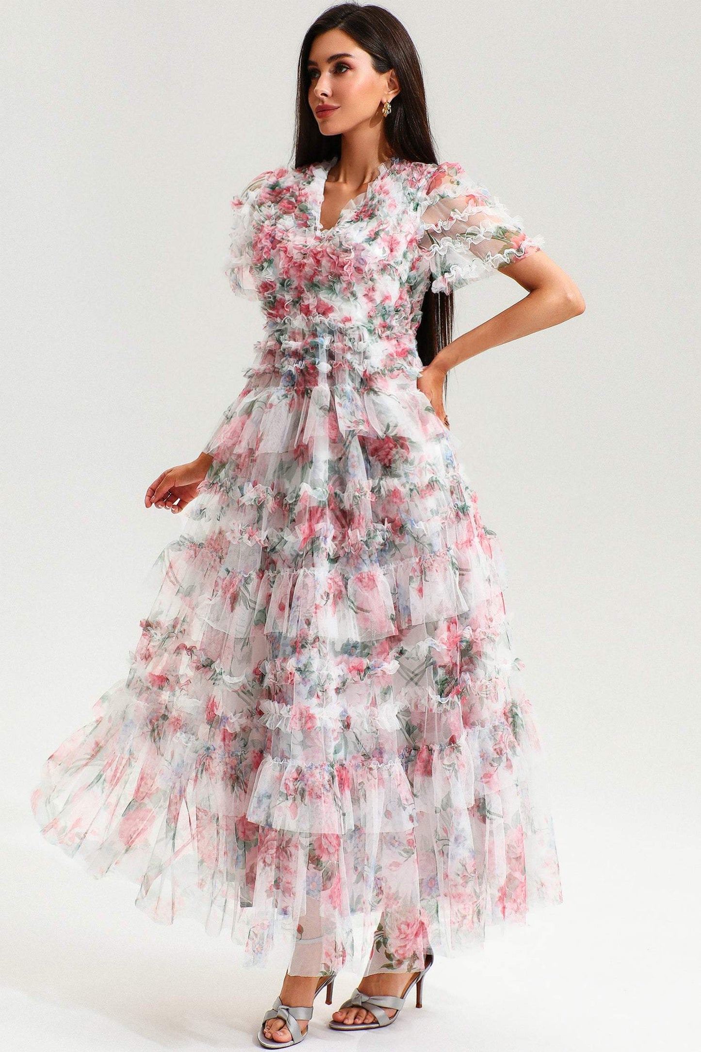 V-neck Short Sleeve Ruffle Tiered Hem Maxi Dress