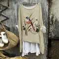 Flower And Bird Embroidery Art Print Loose Blouse artswardrobe