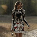 Women's Vintage Halloween Skeleton Bones With Circus Harlequin Poker Art Cozy Knit Mini Sweater Dress artswardrobe