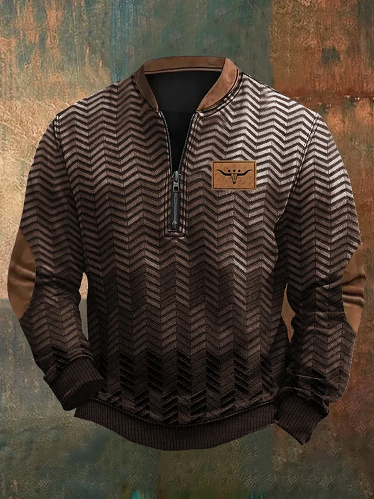 Men's Vintage Western Print Zip-Up Sweatshirt elevenforest
