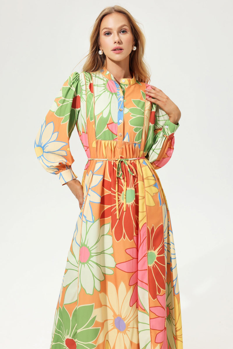 Long Sleeve Stand Collar Lace Up Midi Dress