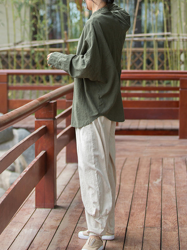 Batwing Sleeves Loose Chinese Frog Buttons Pleated Color Split-joint Stand Collar Blouses