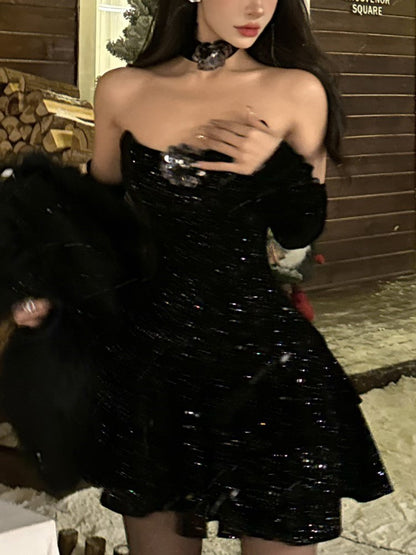 Y2k Velvet Mini Dress Strapless With Choker Bodycon Layered Ruffles A-line Birthday Evening Party Prom Robe Vestidos