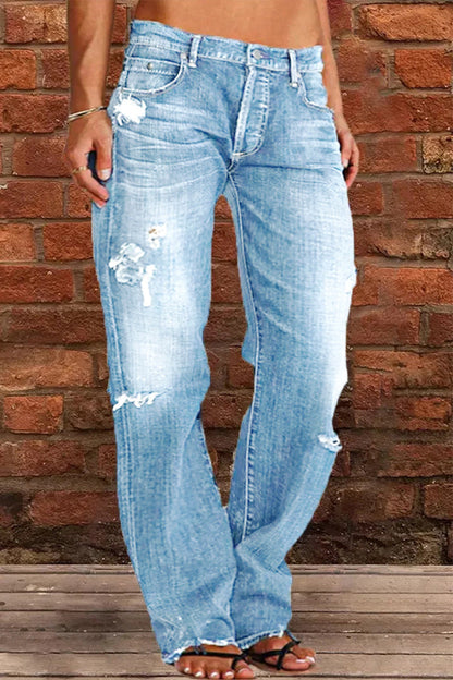 Street Patchwork Ripped Straight Denim Jeans(4 Colors)