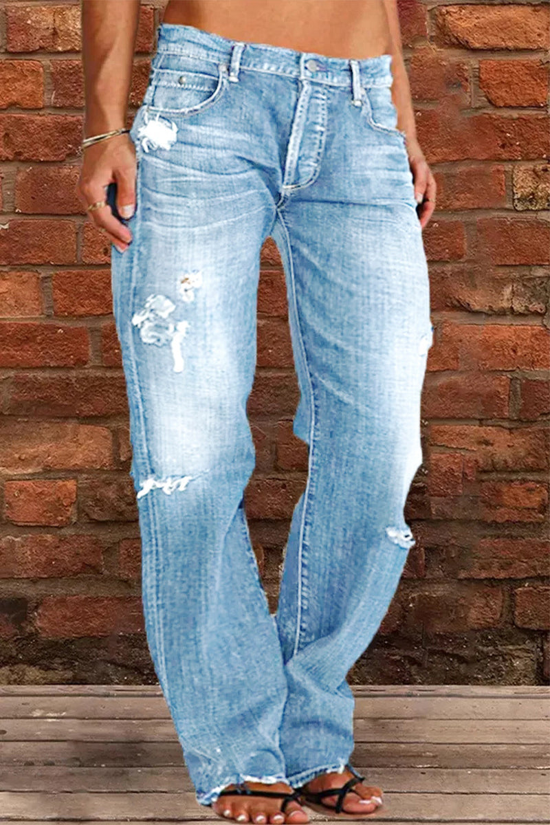 Street Patchwork Ripped Straight Denim Jeans(4 Colors)