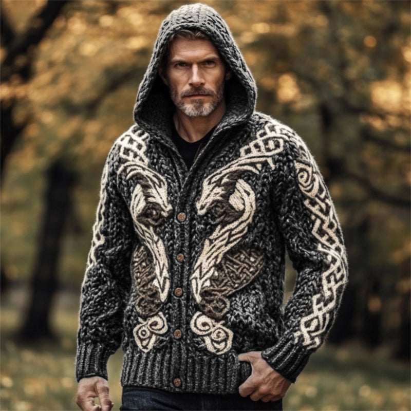 Men's Viking Wolf Celtic Chunky Hooded Cardigan elevenforest