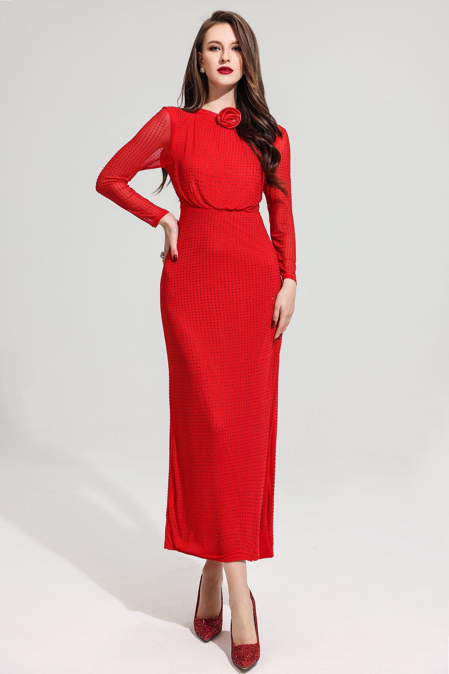 Rhinestone Stand Collar Mermaid Maxi Dress Red