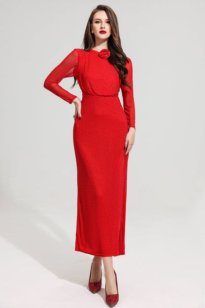Rhinestone Stand Collar Mermaid Maxi Dress Red
