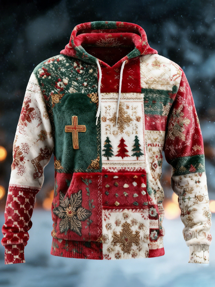 Comstylish Christmas Tree & Cross Patchwork Design Men's Flannel Hooded Sweatshirt