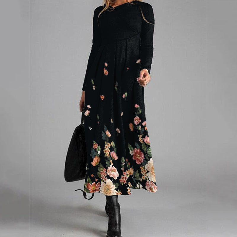 Elegant Floral Pleated Print Mid-Length Wool Dress elevenforest
