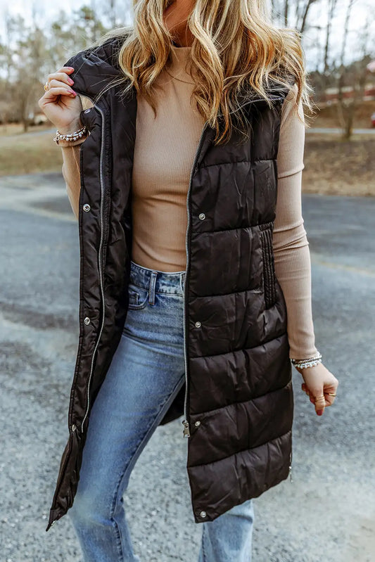 Black Quilted Hooded Vest Coat