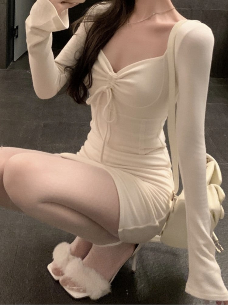 Y2k Knitted Dress Long Sleeve Bow Square Collar Autumn Spring Simple Mini Dresses Female Party Vestidos