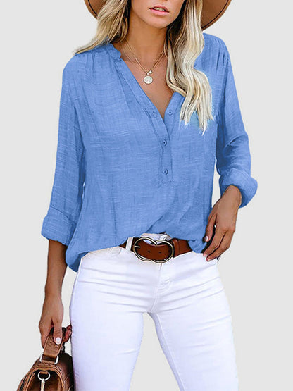Long Sleeves Loose Buttoned Pockets Color V-neck Blouses&shirts Tops