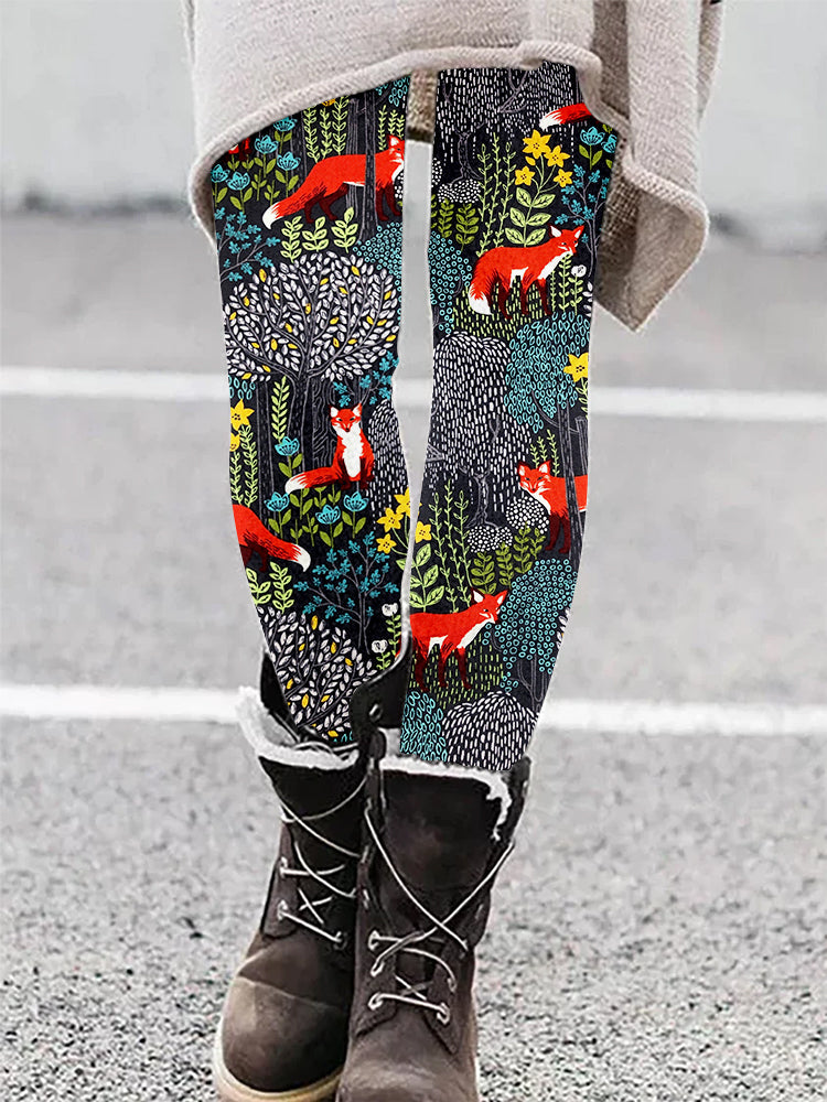 Fox in the Forest Graphic Casual Cozy Leggings artswardrobe
