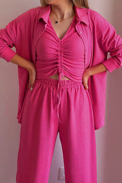 Draw String Fold Turndown Collar Long Sleeve Three Pieces(shirt Vest Trousers)