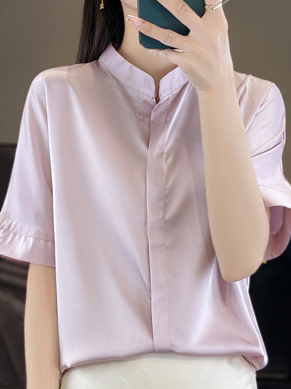 Loose Short Sleeves Buttoned Color Stand Collar Blouses&shirts Tops