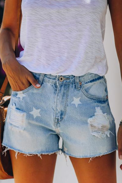 Print the Stars Tassel Ripped Make Old Denim Shorts