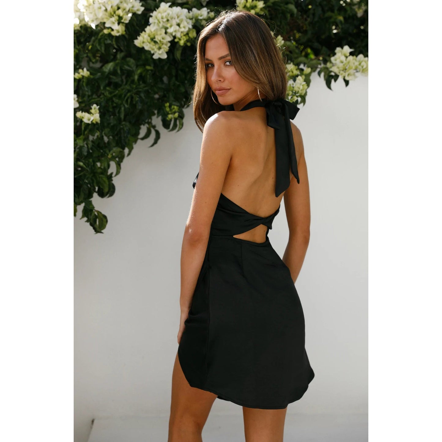 Clothing Satin Halter Backless Slit Mini Dress Gown