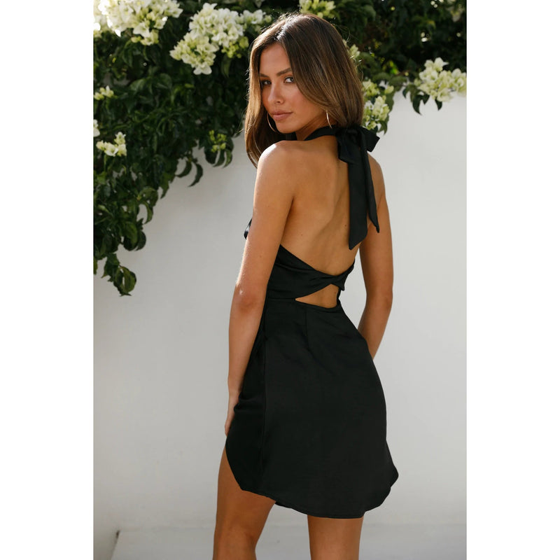 Clothing Satin Halter Backless Slit Mini Dress Gown