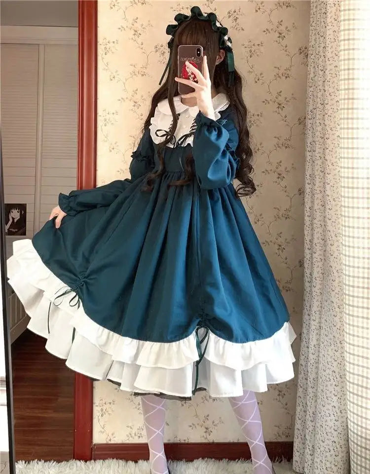 Japanese Kawaii Peter Pan Collar Lolita Dresses Patchwork Bowknot Ruffles Sweet Vestido Princess Party Femme Robe