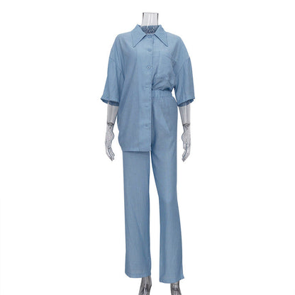 Spring Half Sleeve Shirt Brown Two Piece Set Loose Pants Suit
