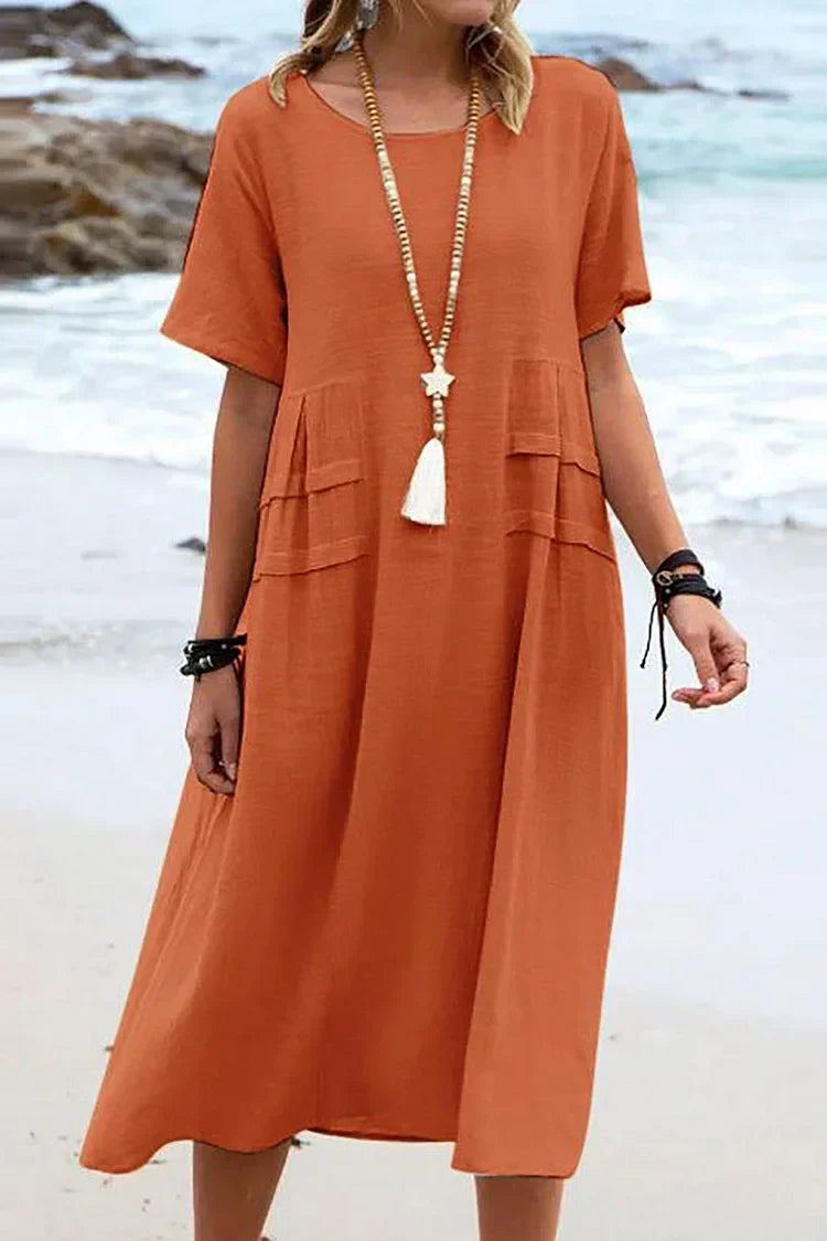 KS | Loose, short-sleeved casual dress with a round neckline and plain colors