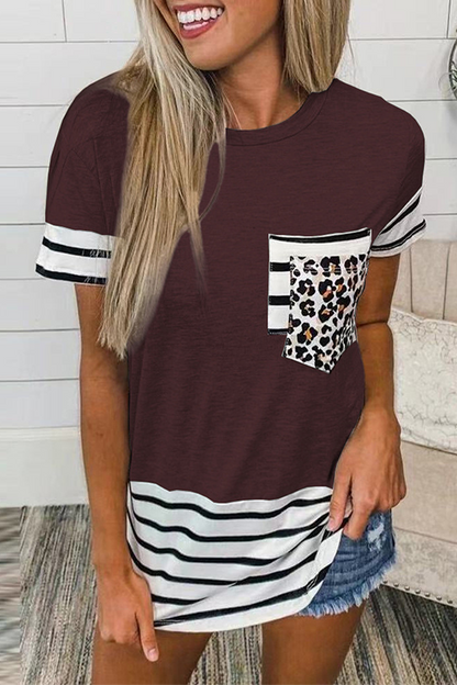 Striped Leopard Split Joint Pocket O Neck T-shirts(10 Colors)