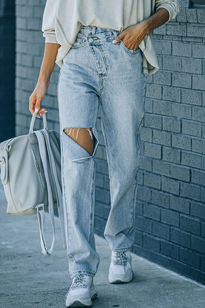 Ripped Straight Denim Jeans