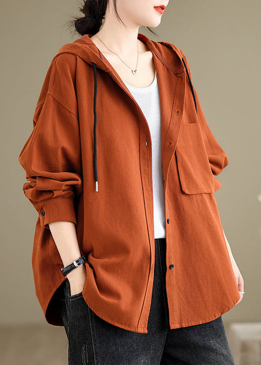 Brick Red Hooded Pockets Cotton Coat Fall
