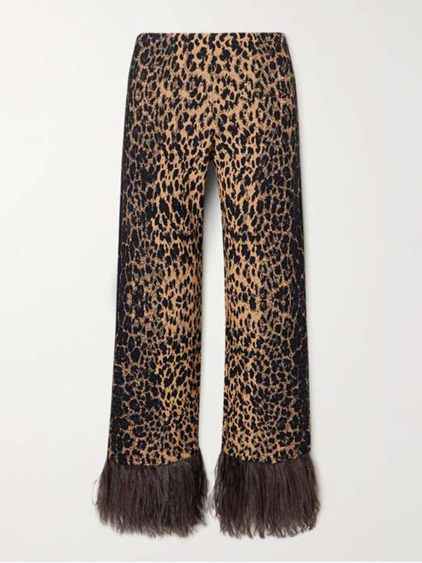 Long Sleeves Feathers Leopard Round-neck Pants Pants Set T-shirts Tops Two-piece Sets