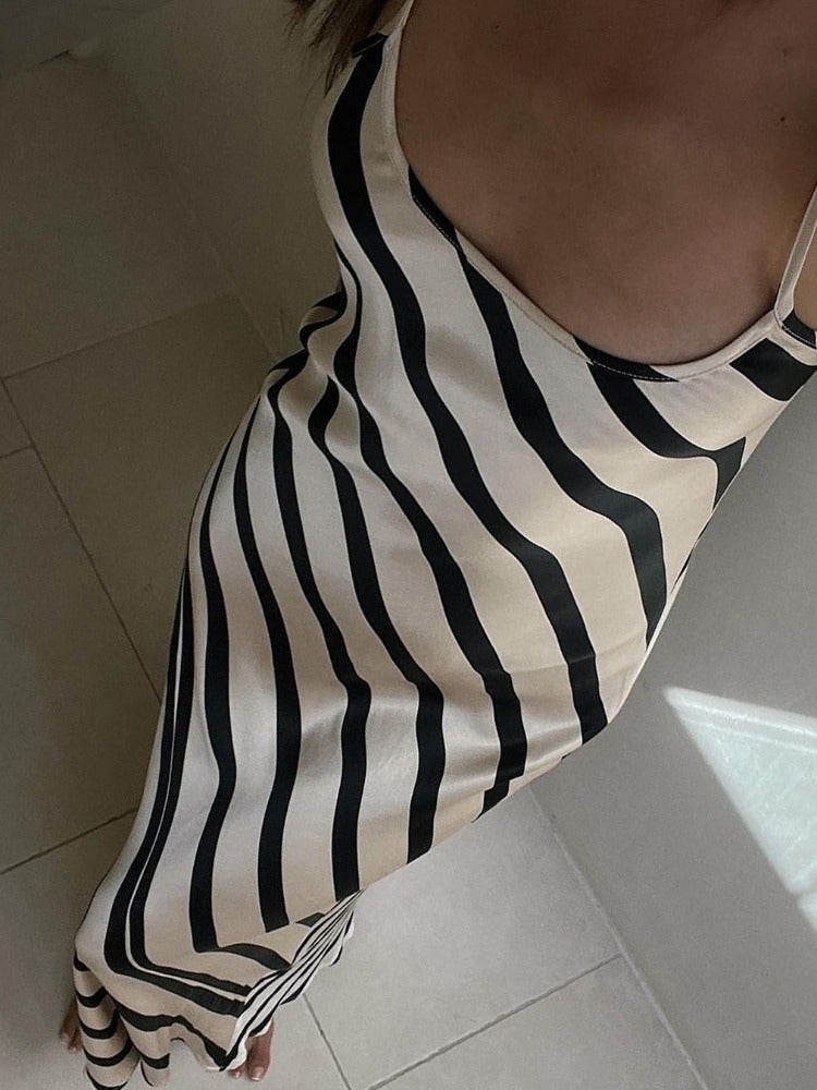 Tossy Zebra Printed Halter Dresses Female Sleeveless Slim Loose Printed Striped Long Dress ’s Backless Maxi Dress