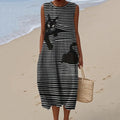Cute Black Cat Stripe Art Pattern Linen Tank Dress artswardrobe