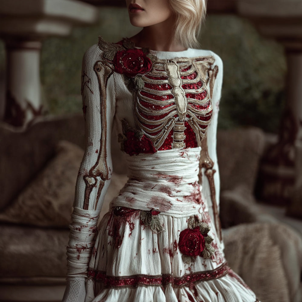 Women's Halloween Skeleton Rose Bandage Shattered Dress artswardrobe
