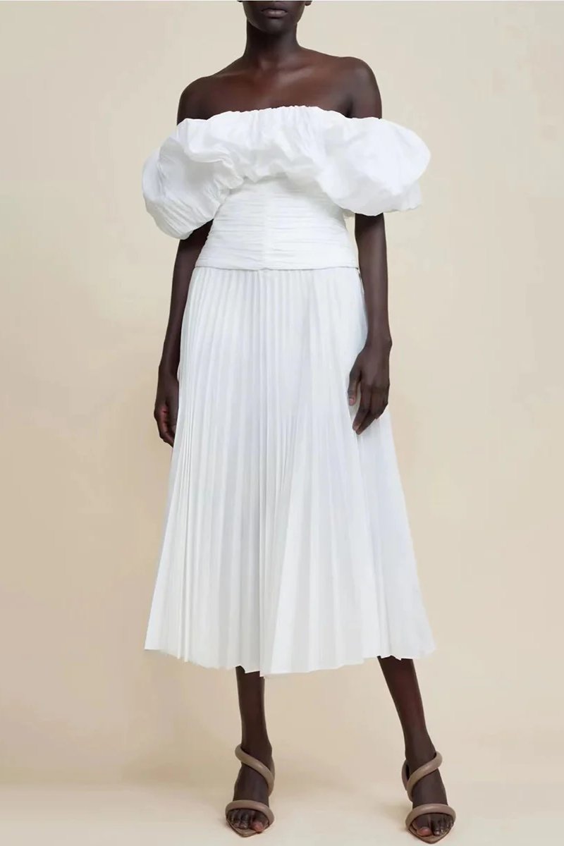 Off-shoulder Puff Sleeve Pleated Midi Dress