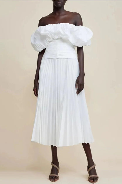 Off-shoulder Puff Sleeve Pleated Midi Dress