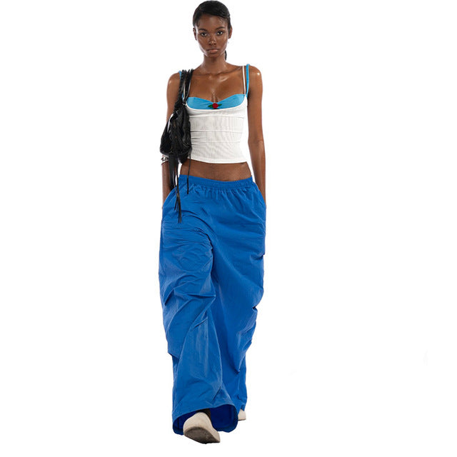 Y2k Summer Hipster Pockets Cargo Color Elastic High Waist Wide Leg Pants Trousers 2000s Street Wear Club