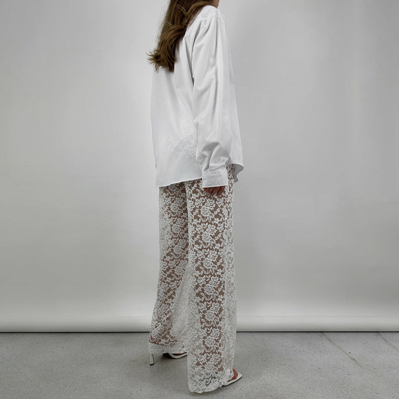 Summer Lace See Through High Waist Straight Leg Pants