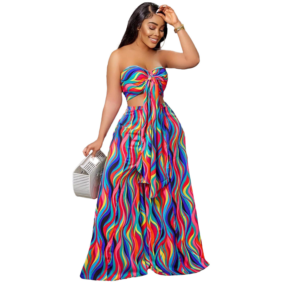 ’s Colorful Printing Lace Up Tube Top Wide Leg Pants Suit – Spring Summer