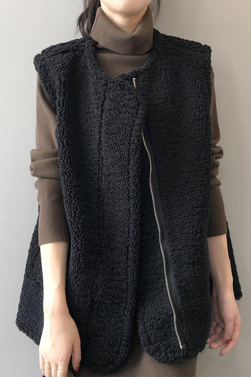 Pocket Patchwork Fluffy O Neck Waistcoats