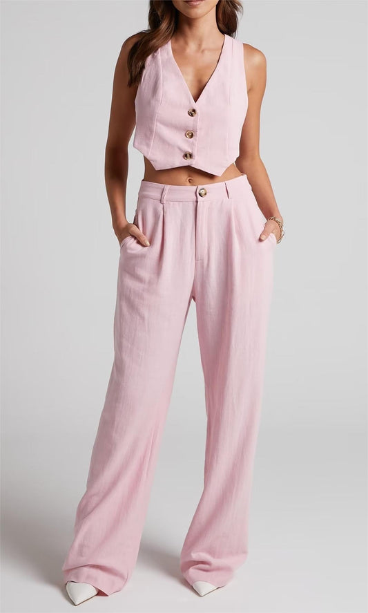 French All Match Decorated Row Button Vest Top Wide Leg Pants Suit Crisscross – ’s Set